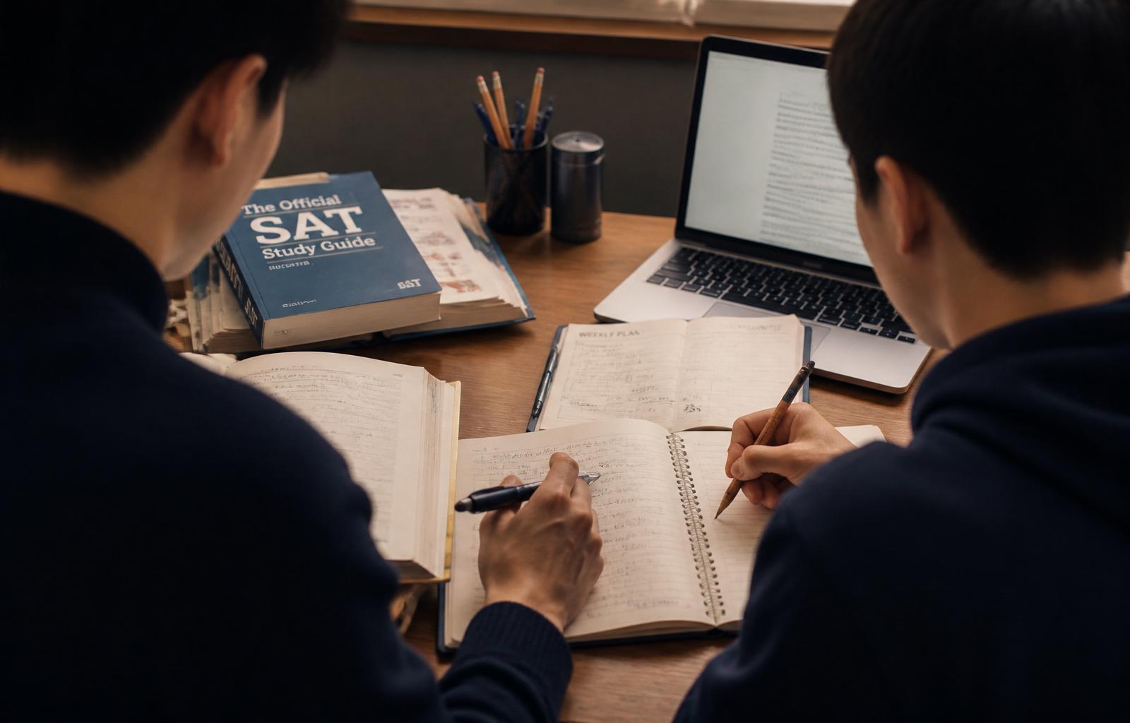 A private tutor working one-on-one with a student at a study desk, viewed from behind