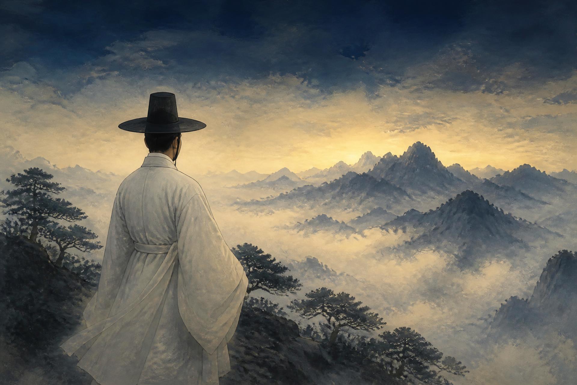 A seonbi scholar looking out over misty mountains at dawn