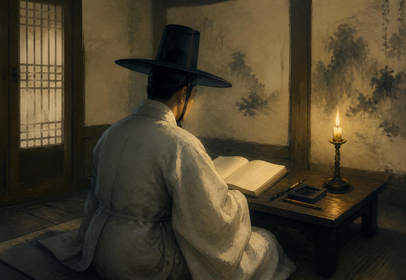 A seonbi scholar in a study with an open book